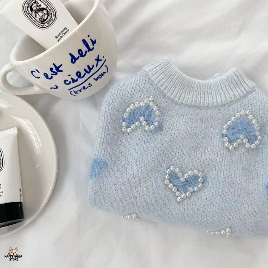 İnci Detaylı Mavi Kalp Desenli Kazak 🐾💙