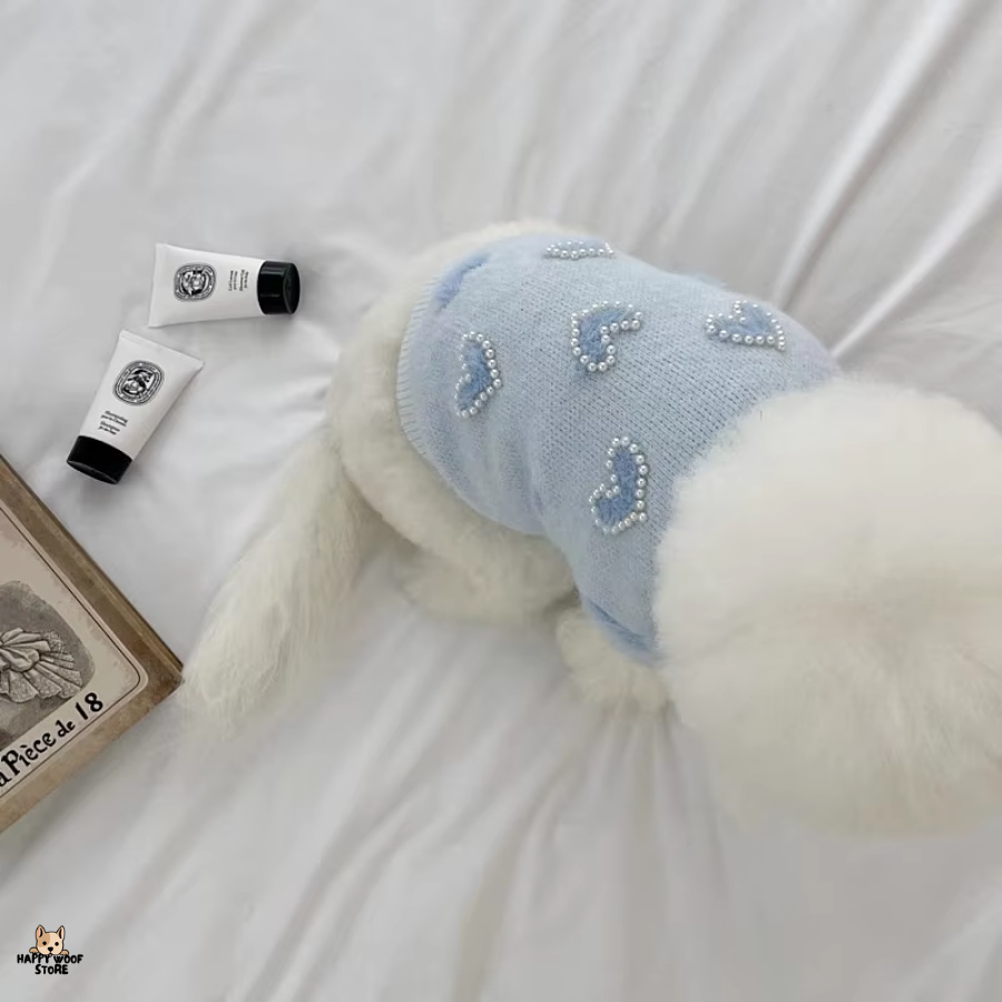 İnci Detaylı Mavi Kalp Desenli Kazak 🐾💙