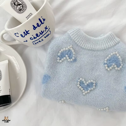 İnci Detaylı Mavi Kalp Desenli Kazak 🐾💙