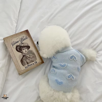 İnci Detaylı Mavi Kalp Desenli Kazak 🐾💙